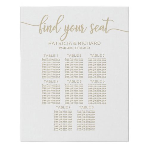 8 Tables Wedding Seating Chart Champagne Script Faux Canvas Print