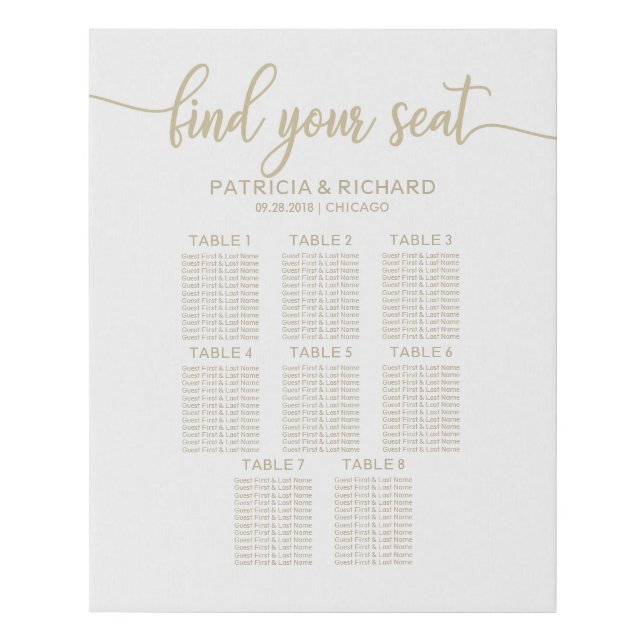 8 Tables Wedding Seating Chart Champagne Script Faux Canvas Print (Front)