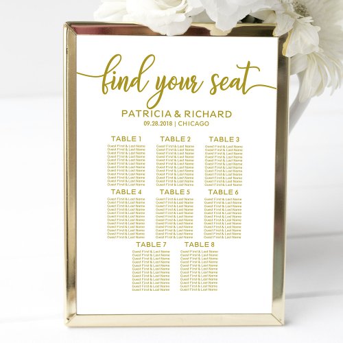 8 Tables Wedding Seating Chart Gold Calligraphy