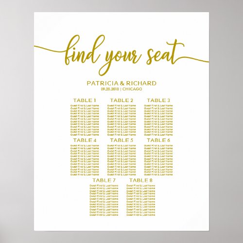 8 Tables Wedding Seating Chart Gold Calligraphy