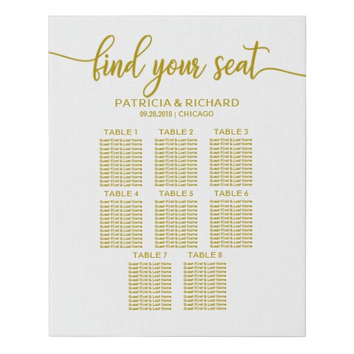8 Tables Wedding Seating Chart Gold Calligraphy Faux Canvas Print