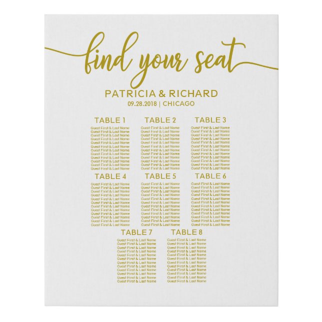 8 Tables Wedding Seating Chart Gold Calligraphy Faux Canvas Print (Front)