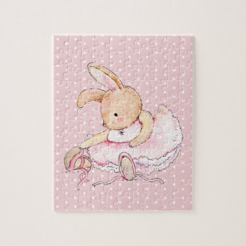 8x10 Pink Ballerina Bunny Rabbit Polka Dots Jigsaw Puzzle