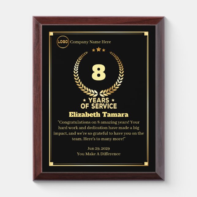 8 year employee anniversary Appreciation Message Award Plaque (Vertical)