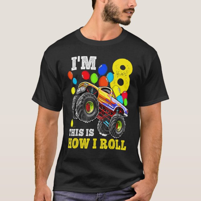 8 Year Old  8th Birthday Boy Monster Truck Car T-Shirt (Front)
