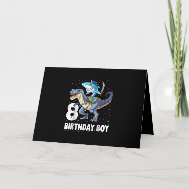8 year old, 8th Birthday Boy Shark Dinosaur Prirat Card (Front)