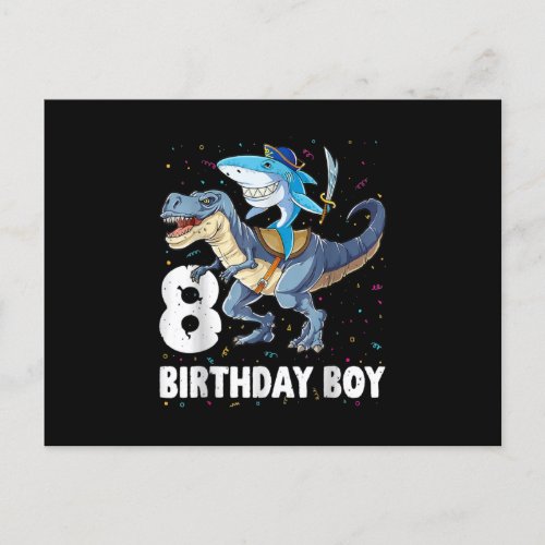8 year old 8th Birthday Boy Shark Dinosaur Prirat Holiday Postcard