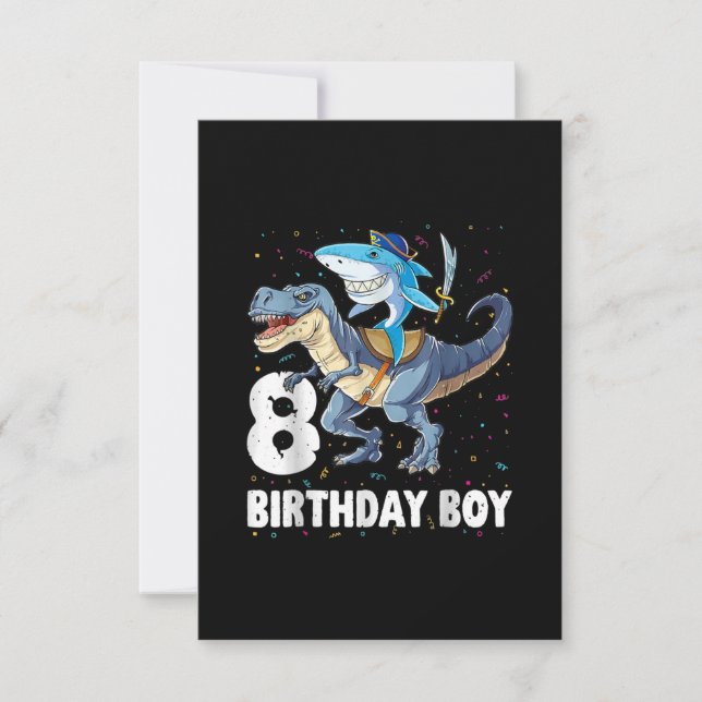 8 year old, 8th Birthday Boy Shark Dinosaur Prirat RSVP Card (Front)