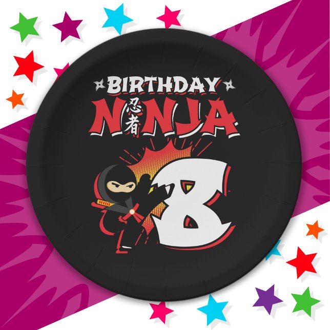 8 Year Old Comic Book Style Ninja 8th Birthday Paper Plates (Creator Uploaded)