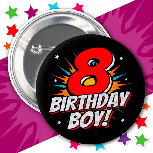 8 Year Old Superhero Birthday Boy 8th Birthday Button (Creator Uploaded)