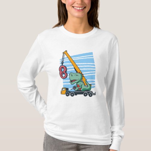 8 years 8th Birthday Mobile Crane Dinosaur T_Shirt