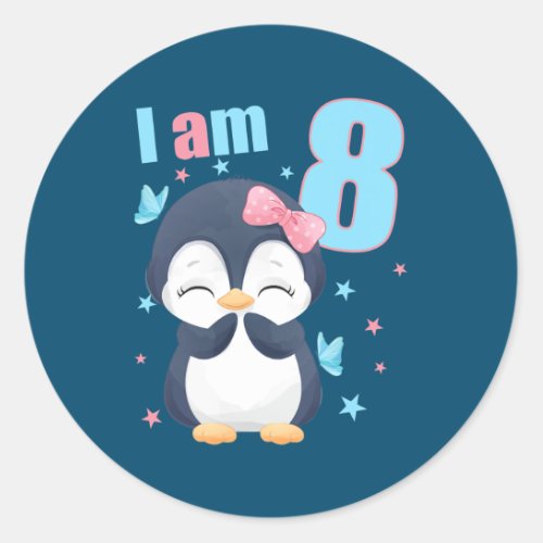 8 Years old 8 birthday outfit Boy girl Penguin  Classic Round Sticker