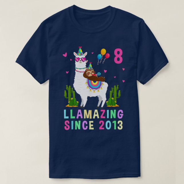 8 Years Old 8th Birthday Sloth Riding Llama Girls  T-Shirt (Design Front)
