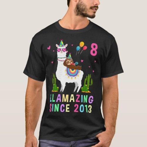 8 Years Old 8th Birthday Sloth Riding Llama Girls  T_Shirt