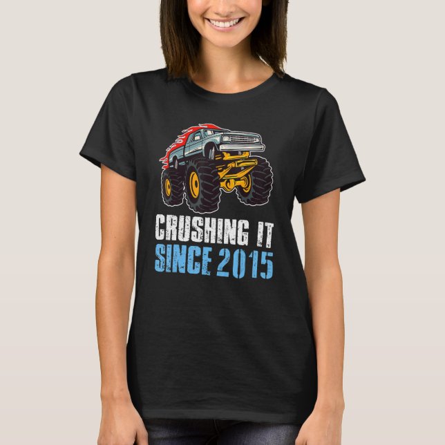 8 Years Old Birthday Boy Monster Truck Crushing Si T-Shirt (Front)