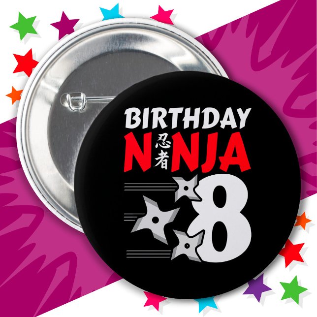 8 Years Old Ninja Party Stars Kids 8th Birthday Button (Creator Uploaded)