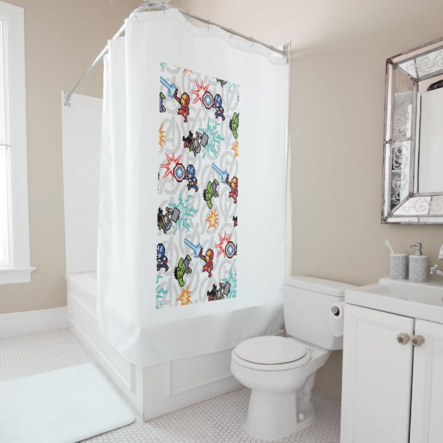8Bit Avengers Attack Shower Curtain (In Situ)