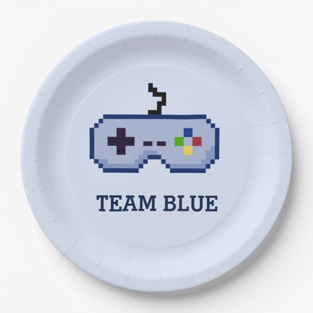 8bit Gamer Gender Reveal Team Blue Paper Plates (Front)