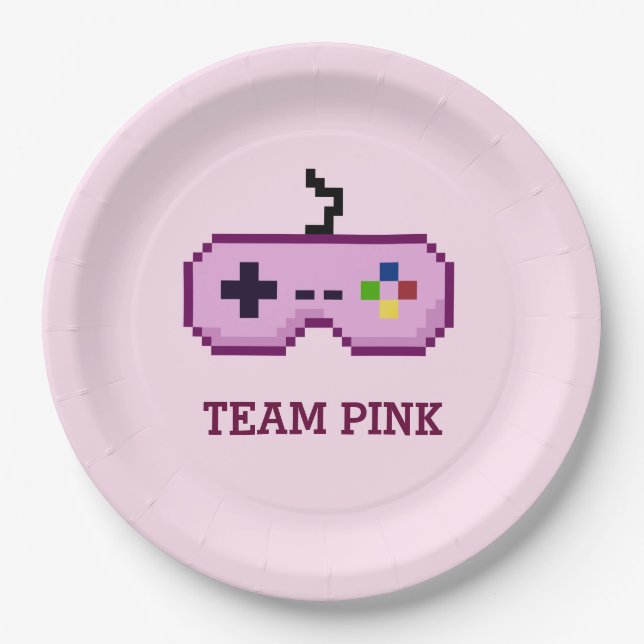 8bit Gamer Gender Reveal Team Pink Paper Plates (Front)