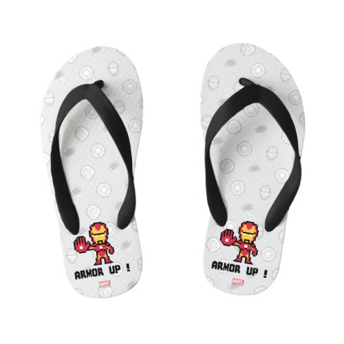 8Bit Iron Man - Armor Up! Kid's Flip Flops - Marvel 8Bit | 8Bit Iron Man stands pointing his laser glove forward: "Armor Up!".