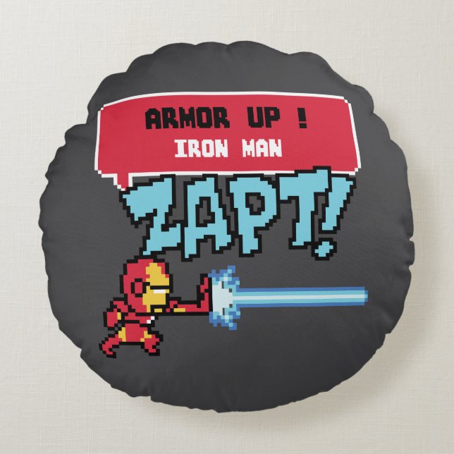 8Bit Iron Man Attack - Armor Up! Round Pillow (Front)
