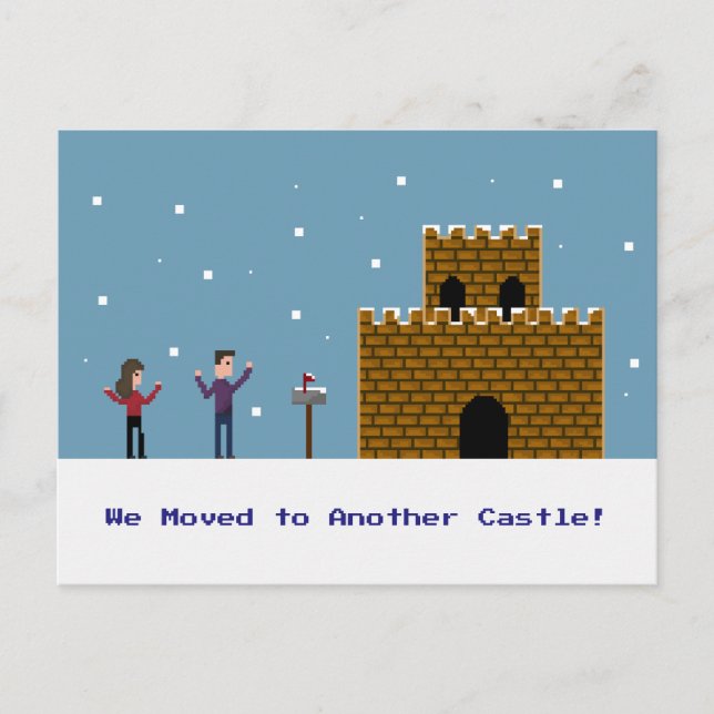8bit Pixel Couple We Have Moved To Another Castle Announcement Postcard (Front)