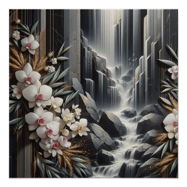 8K Waterfall Close-Up: Glossy Rocks, Orchids Poster (Front)
