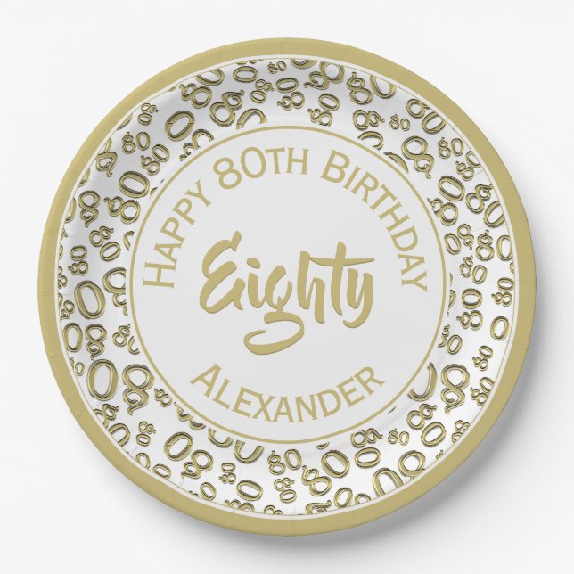 8Oth Birthday Random Number Pattern Gold/White Paper Plates (Front)