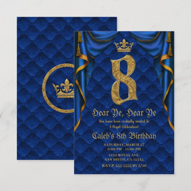 8TH 8 Birthday Party Royal Blue Gold Crown   Invitation (Front/Back)