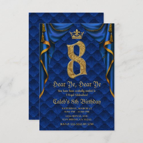 8TH 8 Birthday Party Royal Blue Gold Crown   Invitation