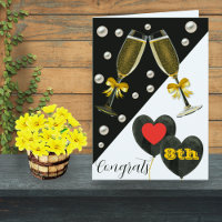 8th Anniversary Card–Pearl, Wine Glasses & Hearts