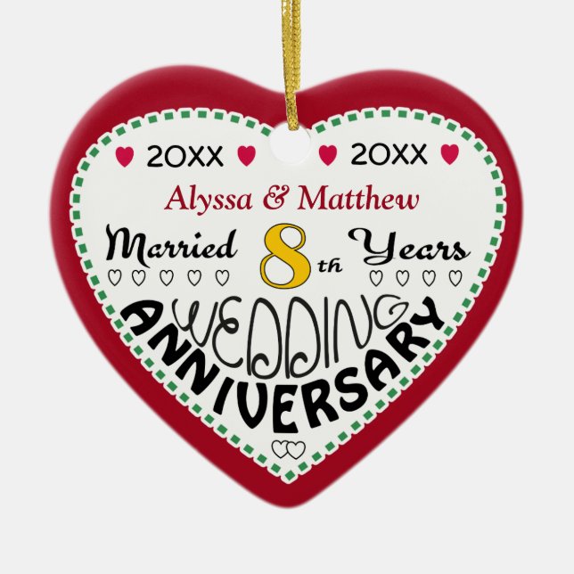 8th Anniversary Gift Heart Shaped Christmas Ceramic Ornament (Front)