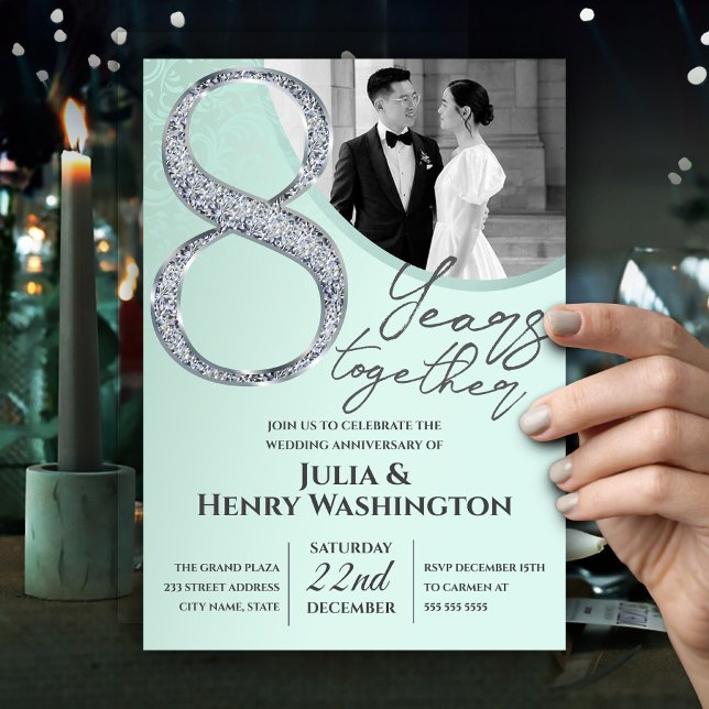 8th Anniversary Modern Photo Diamond Mint Green Invitation (Creator Uploaded)