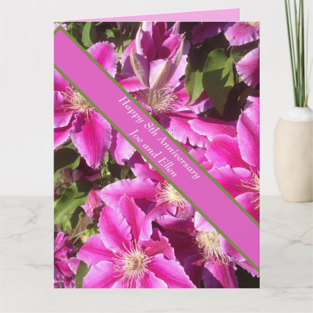 8th Anniversary, pink Clematis Card (Front)