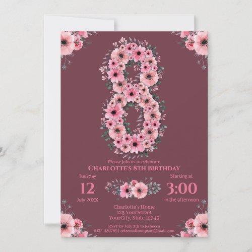 8th Big Birthday Girl Pink Flowers Green Foliage Invitation
