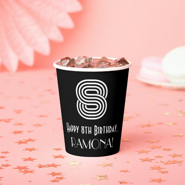 8th Birthday — Art Deco Inspired Look “8” + Name Paper Cups (Insitu)