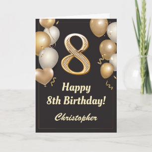 8th Birthday Black and Gold Balloons Confetti Card