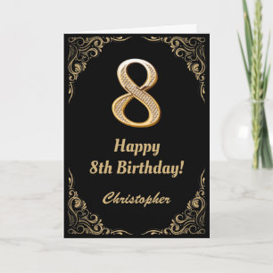 8th Birthday Black and Gold Glitter Frame Card