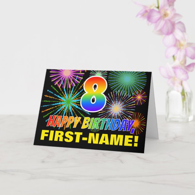 8th Birthday: Bold, Fun, Fireworks, Rainbow 8 Card (Orchid)