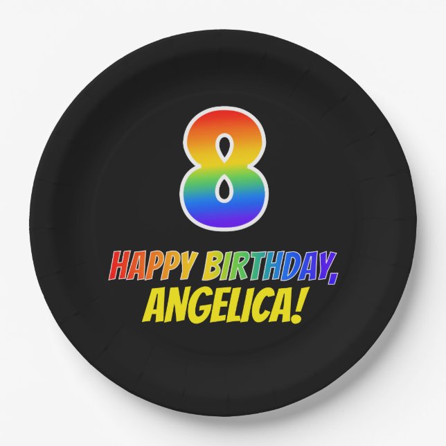 8th Birthday: Bold, Fun, Simple, Rainbow 8 Paper Plates (Front)