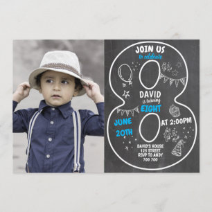 8th Birthday Boy Chalkboard with Photo Number Blue Invitation