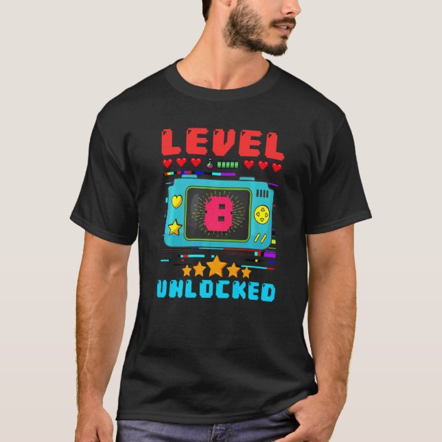 8th Birthday Boy Level 8 Unlocked Video Gamer Birt T-Shirt (Front)