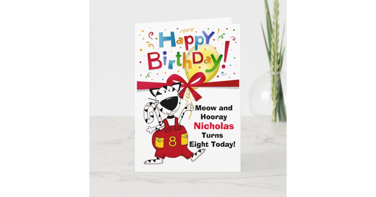 8th Birthday Boy Or Girl Cute Cartoon Cat Name Card Zazzle Com