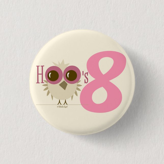 8th Birthday Button Owl Number 8 Birthday Favors (Front)
