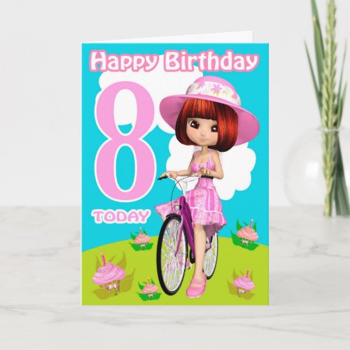 8th Birthday Card Pretty Little Girl On A Bicycle