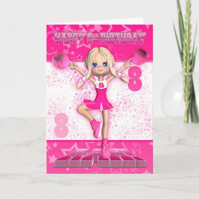 8th Birthday Cheerleader Dancing, Stars In Pinks Card (Front)