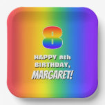 [ Thumbnail: 8th Birthday: Colorful, Fun Rainbow Pattern # 8 Paper Plates ]