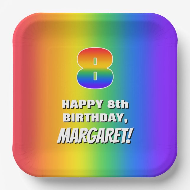 8th Birthday: Colorful, Fun Rainbow Pattern # 8 Paper Plates (Front)