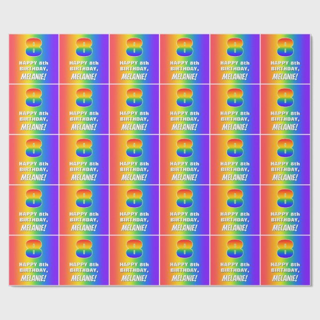8th Birthday: Colorful, Fun Rainbow Pattern # 8 Wrapping Paper (Flat)