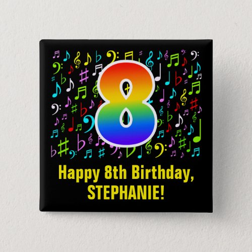 8th Birthday Colorful Music Symbols Rainbow 8 Button